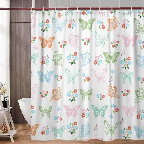 Vista 4 de Cortina de ducha con diseño de mariposas, diseño floral, moderna, femenina, para baño, accesorios de baño para niños con ganchos, 47 x 64 pulgadas