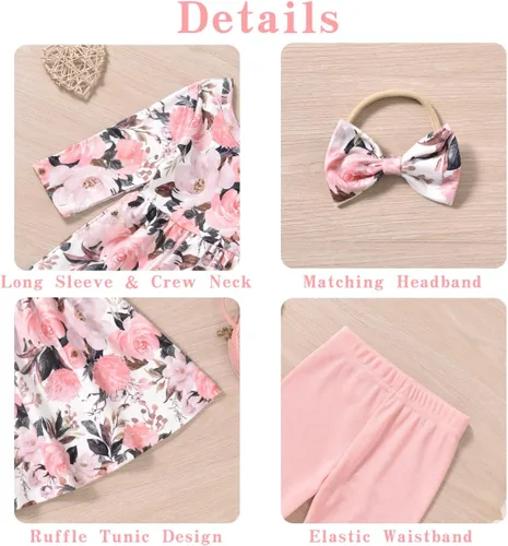 Vista 4 de Aalizzwell Conjunto de túnica floral para niñas pequeñas para otoño e invierno Rosa claro