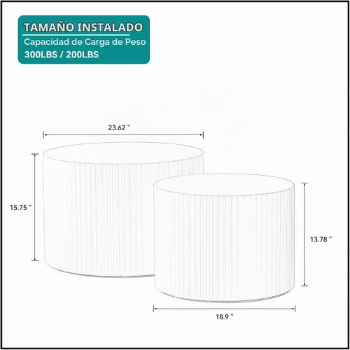 Vista 2 de Juego de 2 mesas auxiliares redondas de 42.52 pulgadas, color blanco, para sala de estar, diseño contemporáneo de círculo de madera en relieve, sin