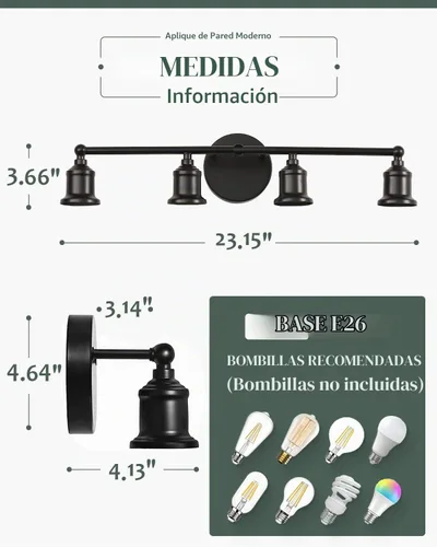 Vista 6 de Lámpara de tocador de 4 luces, aplique industrial de pared negra, lámpara de pared de baño de granja, lámpara de pared con base E26 vintage