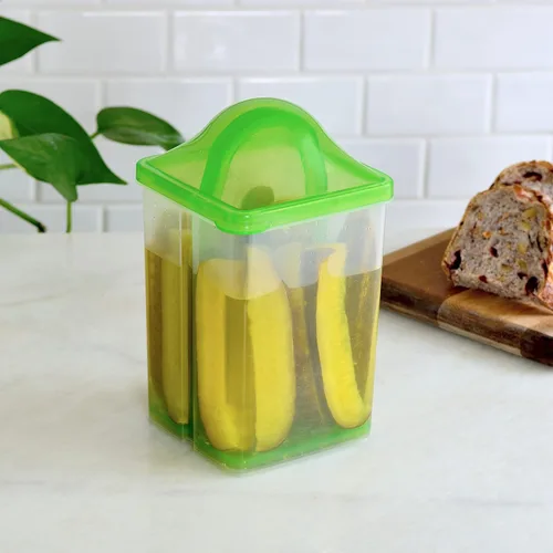 Vista 3 de Youngever Paquete de 2 recipientes para pepinillos con colador, soporte de plástico para pepinillos con colador, conservador de pepinillos con tapa