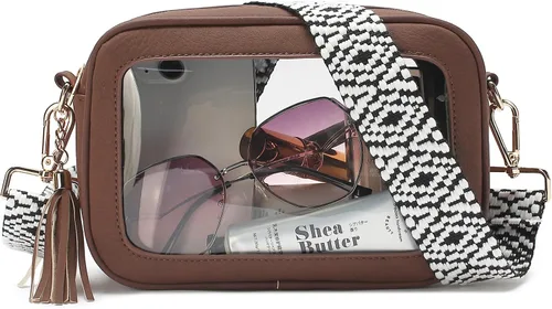 Vista 8 de LOXOMU - Bolso cruzado transparente para mujer aprobado para usar en estadios, bolsos transparentes impermeables con correa estilo guitarra