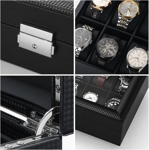 Vista 5 de anyasun Organizador de reloj para hombre, caja de reloj de 12 ranuras para mujer con tapa de vidrio grande, soporte para reloj con almohadas