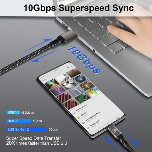 Vista 4 de Cable USB C de 3.3 pies, cable USB-A a USB-C USB 3.1 USB 3.2 Gen2 10Gbps cable de carga de datos para Samsung Galaxy S24 S23 S22 S21 S20 S10 S9 S8+