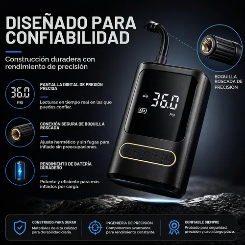 Vista 7 de Compresor de aire portátil para bicicleta: mini bomba eléctrica para neumáticos con apagado automático, compatible con múltiples válvulas, inflador