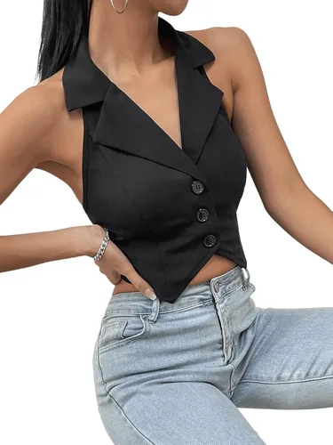 Vista 5 de Verdusa Chaleco de mujer con cuello de muesca y espalda descubierta, dobladillo asimétrico con botones en la parte delantera