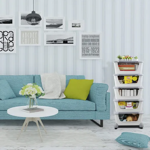 Vista 8 de Morcte Paquete de 5 cestas de almacenamiento apilables de plástico con tapas, cesta organizadora apilable con ruedas, color gris Stacking