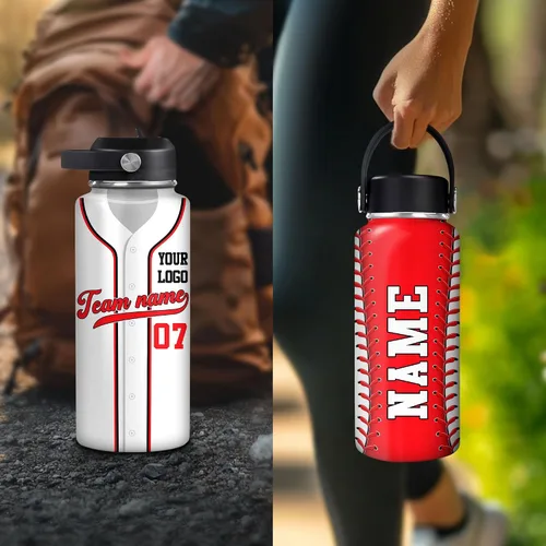 Vista 4 de Hyturtle Botella de agua de béisbol personalizada, botella de acero inoxidable aislada de viaje con tapa a prueba de fugas, 18 onzas, 32 onzas