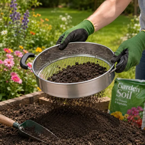 Vista 6 de Tamiz de suelo multiusos con mango Incluye 4 mallas intercambiables Ideal para tamizar suelo, rocas, compost y desechos