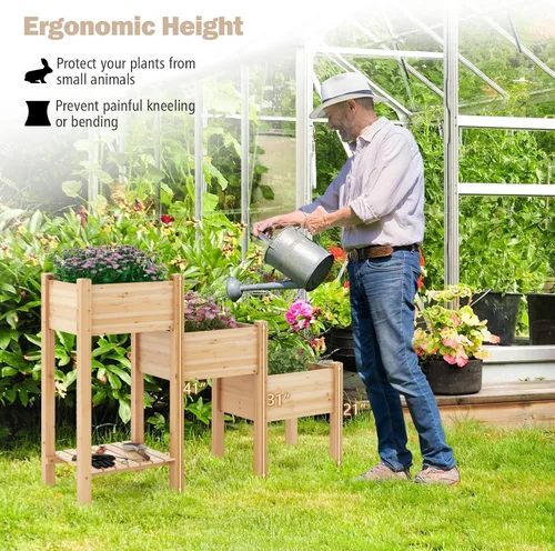 Vista 5 de Giantex Juego de 3 camas de jardín elevadas, jardinera de madera con estante de almacenamiento, camas elevadas para frutas, verduras, flores, Natural