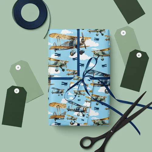 Vista 7 de Dtiafu Rollo de papel de regalo de avión – Envoltura de regalo de aviones vintage con diseño de nube de cielo azul para niños, baby shower