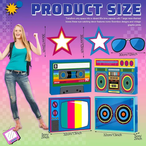 Vista 2 de Weekgrat Juego de 7 piezas de decoraciones de fiesta de los años 80 y 90 en 3D, juego de recuerdos de hip hop, cajas de casete de papel para retro