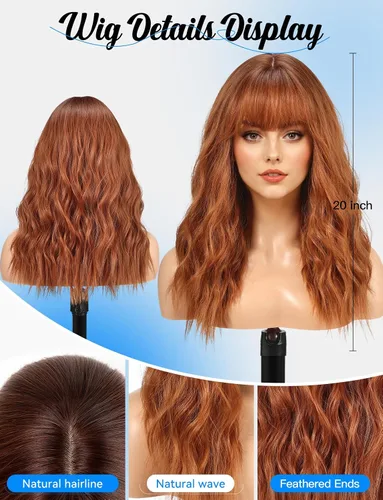 Vista 3 de HAIRCUBE Peluca larga con flequillo, pelucas sintéticas onduladas para mujer, color castaño rojizo