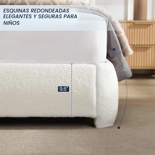 Vista 5 de Flolinda Base de cama tapizada tamaño King con cabecera ajustable, plataforma moderna con listones de madera de tela Boucle, perfil bajo,