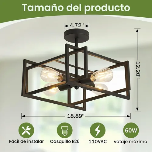 Vista 2 de Paquete de 2 lámparas de techo modernas negras de montaje empotrado de 18.89 pulgadas, base E26, lámpara de araña para granja, cocina, isla