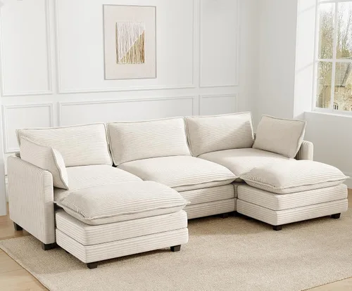 Vista 32 de ROWHY Sillón individual con otomano, sofá moderno de corduroy en forma de nube con chaise convertible, sofá tapizado para sala de estar, beige