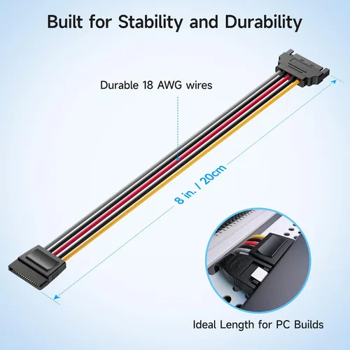 Vista 4 de Cable Matters Paquete de 3 cables de extensión de alimentación SATA de 15 pines, extensión SATA macho a hembra de 8 pulgadas para HDD, SSD, unidad