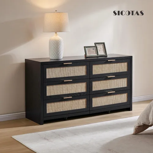 Vista 4 de SICOTAS Cómoda de ratán para dormitorio, cómoda de 57 pulgadas de ancho con 6 cajones con amplio almacenamiento, cómoda de madera, cómoda grande
