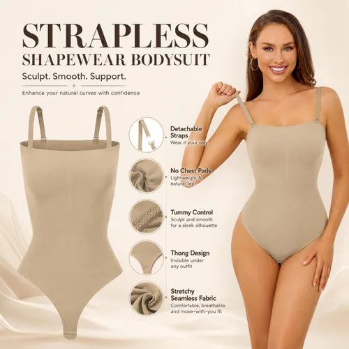 Vista 7 de Body sin tirantes para mujer, traje de tanga con control de abdomen Beige