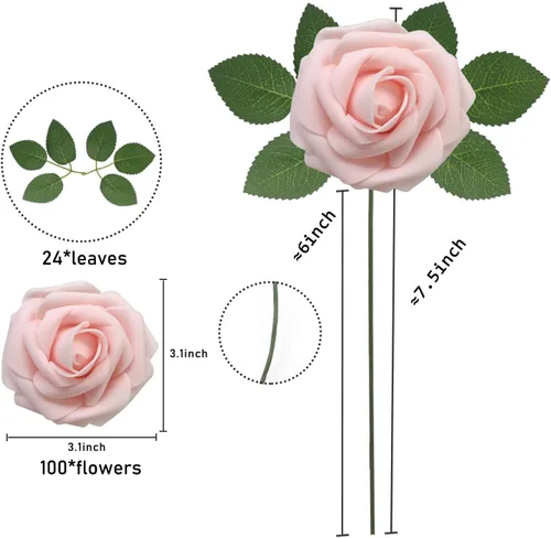 Vista 2 de Rosas artificiales de color rosa claro, 100 unidades, rosas falsas de espuma de aspecto real con tallos para ramos de boda, centros de mesa