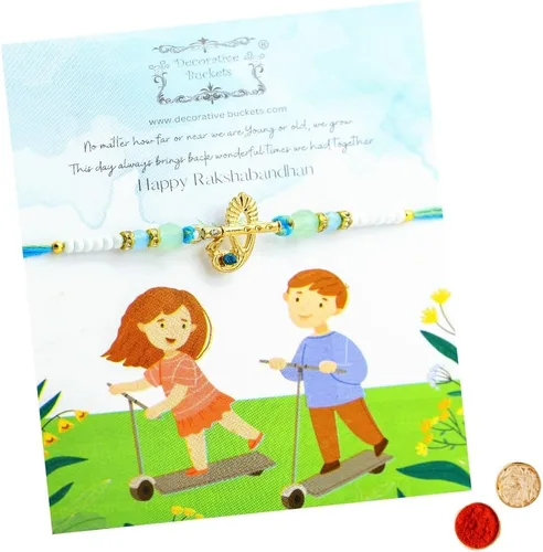 Vista 22 de Rakhi adulto Rakhi para hermano: Rakhi para Bhaiya: combo de mauli Rakhi hecho a mano con tarjeta de felicitación y Roli Chawal: Rakshabandhan