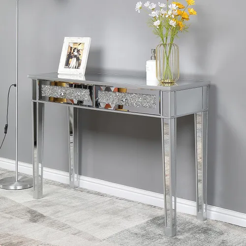 Vista 10 de Henf Mesa de maquillaje con espejo, mesa de tocador con acabado plateado, mesa de consola de 2 cajones para entrada, dormitorio, sala de estar