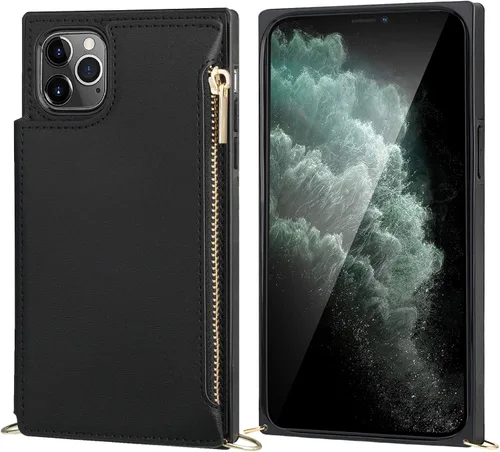Vista 5 de Bocasal Funda tipo cartera cruzada para iPhone 11 Pro con tarjetero, protector de ranura para tarjetas con cremallera, a prueba de golpes, con Negro