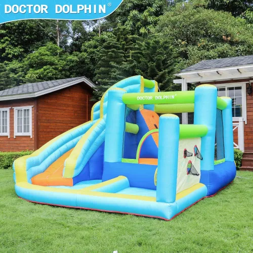 Vista 6 de Doctor Dolphin Casa de rebote de agua, parque inflable de tobogán acuático para niños, patio trasero, diversión al aire libre de verano con pistola