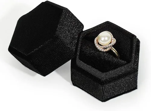 Vista 11 de Caja hexagonal de terciopelo para anillos con doble anillo, elegante caja de almacenamiento de joyas para propuestas, compromiso, aniversario, Blanco
