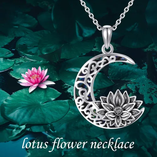 Vista 6 de JERWLI Collar de flor de loto de plata de ley 925 con colgante de luna de loto, joyería para mujer, Plata esterlina, No es una piedra preciosa