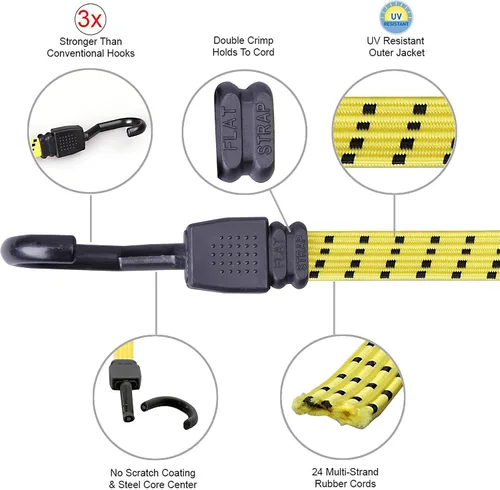 Vista 2 de Cartman Ultra 48" negro/amarillo cuerda plana de bungee, 4pk x 48" Rubber Straps Extend from 4 to 10 ft, Spread Pressure Across Cargo and Use