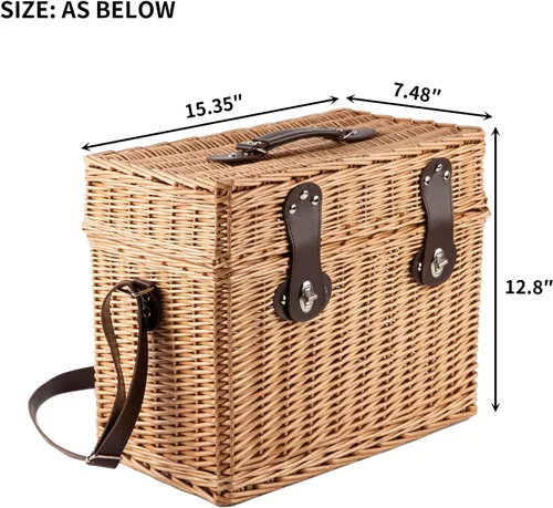 Vista 2 de Cesta de picnic de mimbre, cesta de almacenamiento rectangular con correa de transporte para camping, viajes, fiesta