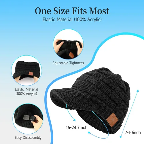 Vista 5 de Gorro Bluetooth para mujer con agujero para cola de caballo, gorro con auriculares integrado, micrófono integrado, regalos para mujer, W2-negro