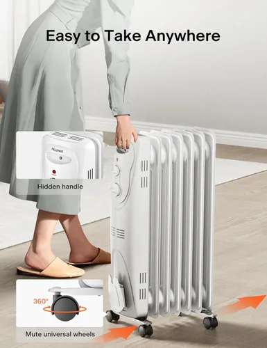 Vista 15 de PELONIS Calentador de radiador para grandes espacios, radiador eléctrico lleno de aceite, dos perillas, 1500 W, calentador de espacio silencioso, 3