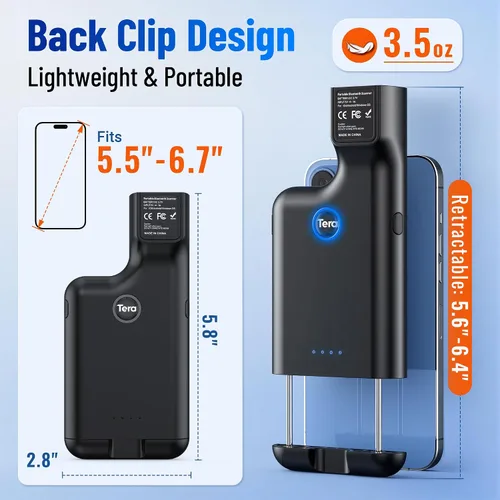 Vista 3 de Tera Escáner de código de barras inalámbrico 1D 2D QR portátil clip trasero 3 en 1 2.4 GHz inalámbrico y USB con cable y compatible con Bluetooth