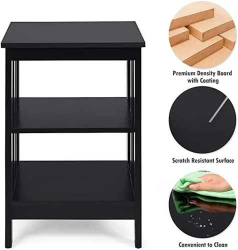 Vista 6 de Mesa auxiliar con estante de almacenamiento de 3 niveles para sala de estar, dormitorio, marco de madera estable, fácil montaje (negro, 1 unidad)