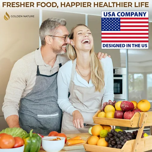 Vista 4 de Cesta de frutas con colgador de plátano – Organizador de almacenamiento de frutas y verduras de bambú de 2 niveles para encimera de cocina – Ligero