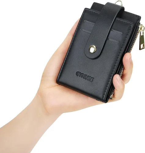 Vista 7 de Tarjetero de cuero para mujer, con bloqueo RFID, delgado y pequeño, con cremallera, llavero, bolsillo frontal, con 2 ventanas para identificación