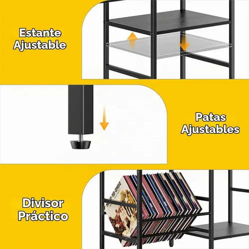 Vista 5 de Soporte para tocadiscos con luz LED, soporte para tocadiscos con almacenamiento de vinilo para más de 300 álbumes, gabinete multimedia de 3 niveles