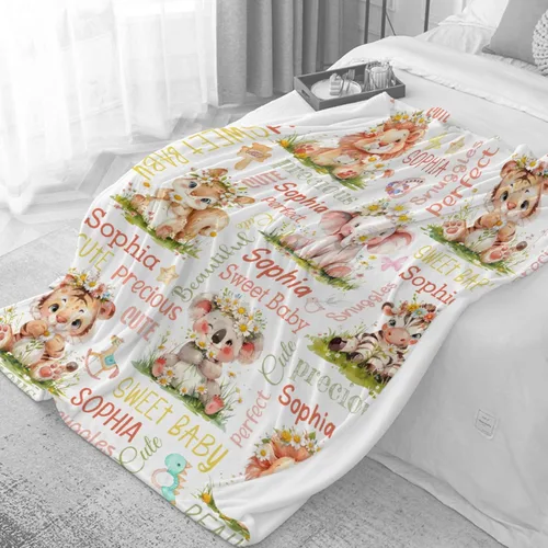 Vista 3 de Manta de bebé personalizada con diseño de animales del bosque, manta personalizada con nombre para niñas y niños, regalos de registro, manta suave