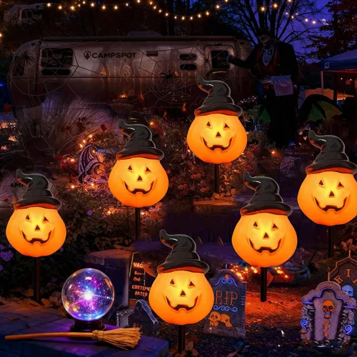 Vista 11 de Luces de camino de Halloween al aire libre, 19.5 pies de C9, luces de poste de Halloween con 10 bombillas C9 naranjas transparentes y negras, luces