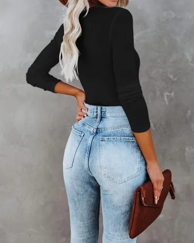 Vista 5 de VICHYIE Ropa de otoño para mujer, cuello redondo, acanalada, manga larga, ajustada, camiseta básica casual