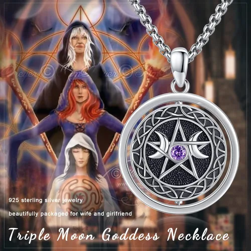 Vista 6 de Collar de diosa de triple luna de plata de ley 925 nudo celta pentagrama pentagrama colgante de pentáculo agano wiccano magia giratorio amuleto
