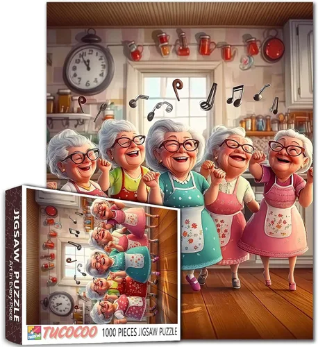 Vista 15 de Rompecabezas de mujer vieja de 1000 piezas para adultos, familias (niña, dama, pizza, naipe, vino tinto, amigas) piezas que encajan perfectamente