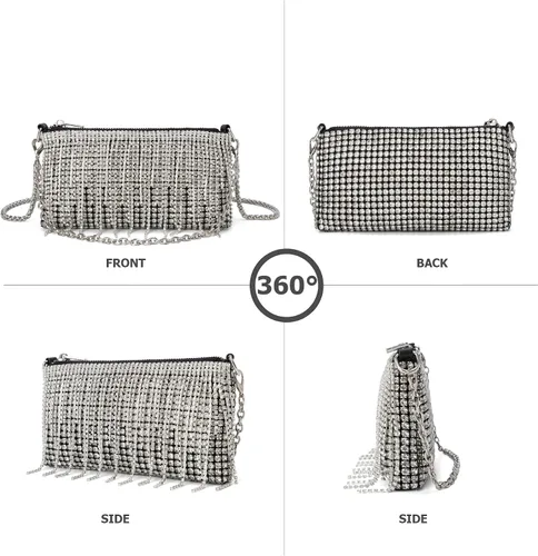 Vista 4 de Bolso cruzado de diamantes de imitación brillantes para mujer, con borla, cadena plateada, para fiesta de graduación de noche, fiesta