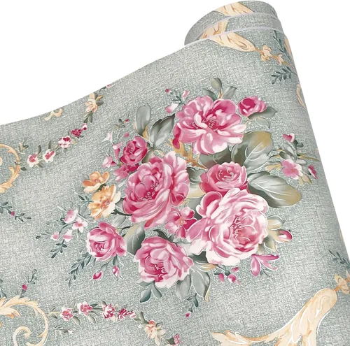 Vista 7 de SimpleLife4U papel adhesivo retro de rosas verde claro para recubrimiento de estantes, adhesivo para mesas y puertas de 17.7 pulgadas por 9.8 pies