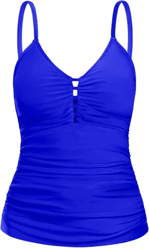 Vista 8 de Ocean Blues Traje de Baño Tankini Retro para Mujer con Fruncido Control de Abdomen Solo Parte Superior del Tankini Negro