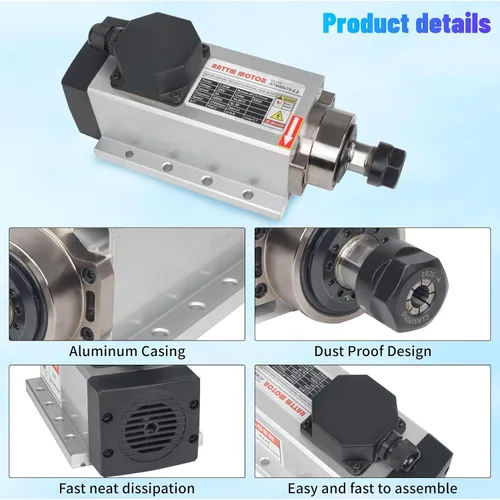 Vista 6 de RATTMMOTOR Motor de husillo de 2.2KW 220V cuadrado refrigerado por aire ER20, 24000RPM husillo de alta velocidad 4 rodamientos trifásicos 6A 400Hz