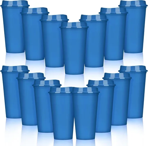Vista 12 de Domensi Paquete de 15 tazas de café reutilizables con tapas, vasos de viaje desechables de 16 onzas, vasos de plástico a granel para llevar, vasos