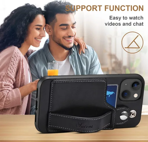 Vista 5 de Funda para iPhone 15 Plus 2023, de piel sintética, con ranura elástica para tarjetas, cierre magnético, correa de mano, funda protectora para iPhone